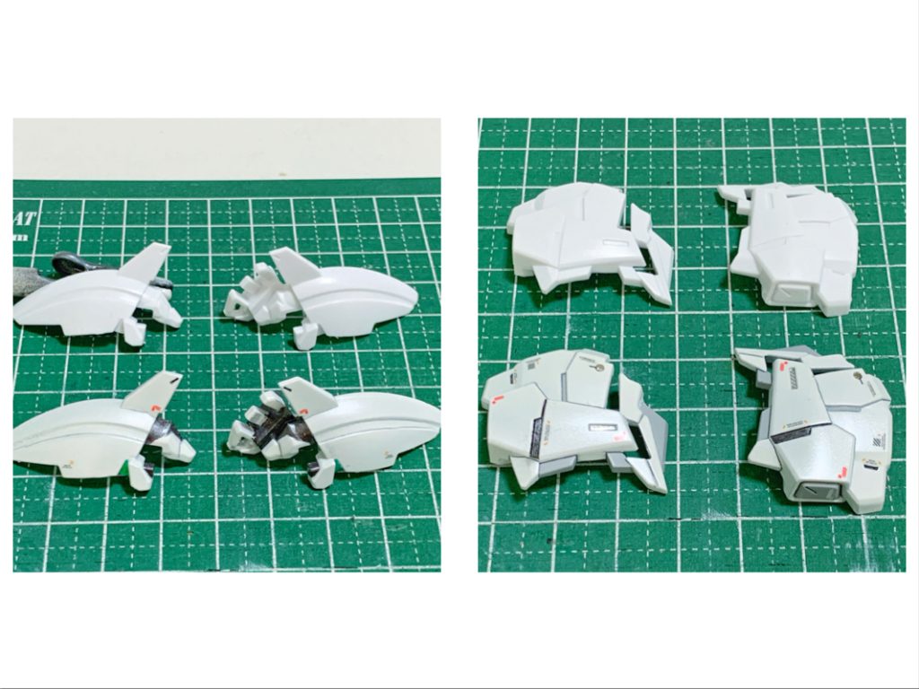 デカールは、ガンダムデカールNo.76 HGUC 1/144 ユニコーンガンダム用とハイキューパーツのRBコーションデカール1/144 用 グレー&オレンジを使用。頭部側面・胸部上面・腰部前面には、ピンバイスで穴あけしてハイキューパーツのHSリベット 1.5mmを埋め込み。