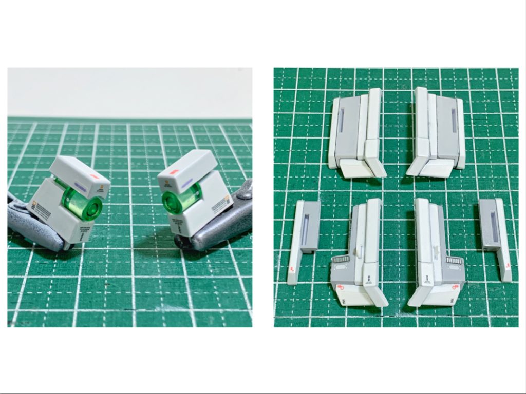 今回の作業で一番あたまを悩ませた肩上部パーツの処理方法。素材そのままだと画像右側上の状態ですが、これがユニコーンモードとデストロイモードで共用となるため、「素材そのままがユニコーンモードの状態とすると、デストロイモードでは展開していないといけないのではないか？」ということで、タミヤクラフトツール 精密ノコギリ（エッチング製）で思い切って切削。デストロイモードのセンサー部分は、下のパーツ上面を切削してサイコフレーム（クリアパーツ）が前から後ろまで見えるように加工しています。