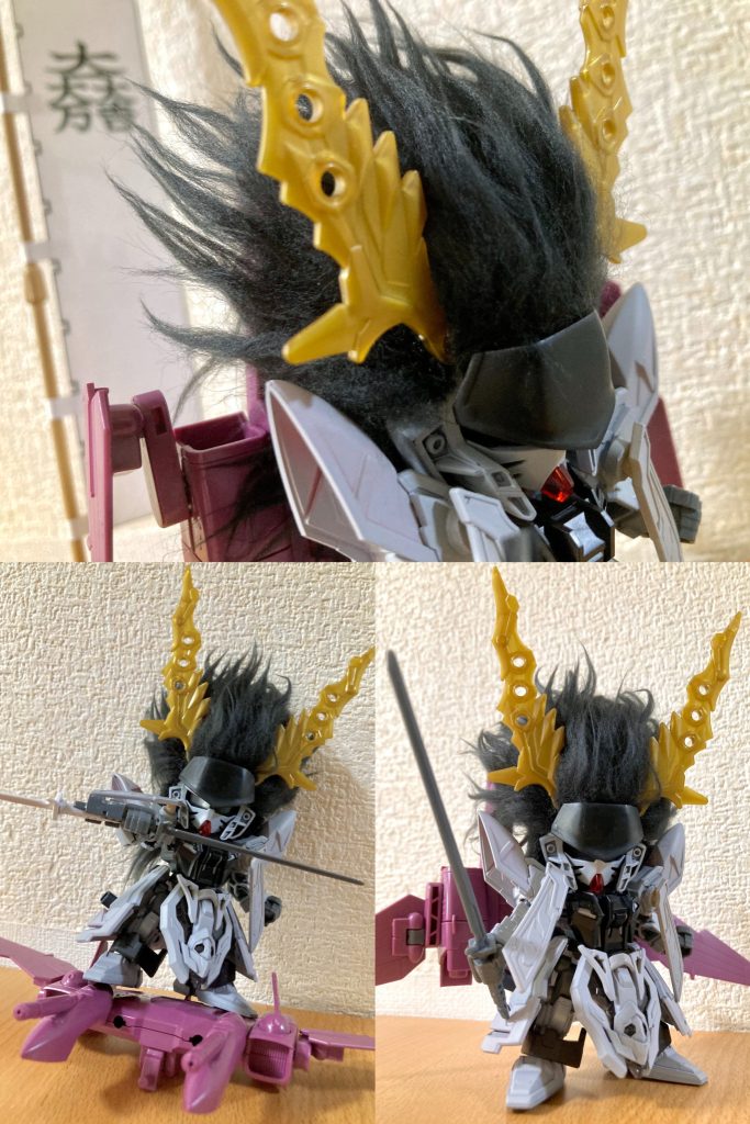 ほか、石田三成所用伝来の名刀・正宗に因んだ大小二振りの日本刀パーツをジャスティスガンダムのラケルタ・ビームサーベル状の双刃形態で装備したり、軍事指揮官らしい軍配パーツをジャスティスガンダムのシールド配色で持たせたりしています。