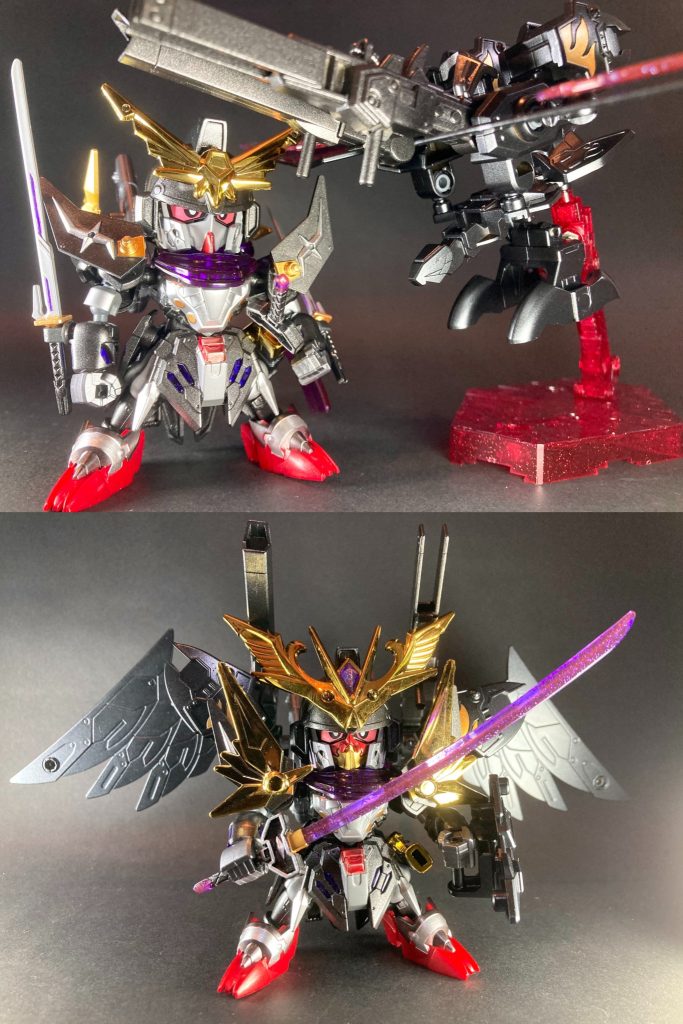 【徳川十六神将】二代目半蔵ガンダムシュピーゲル漆黒の羽衣父祖伝来の宝刀を佩き、霊鳥・黒影八咫烏と合体した姿。一族が長く忘れ果てていた武者の魂を取り戻し、当代最高峰の忍術と誇り高き将たる武勇を高次に統合した覚醒形態!主君・家康の天下泰平のため奮戦し、徳川軍有数の名将に大成する。