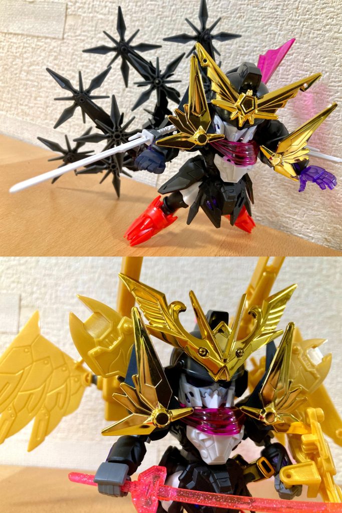 前述の『新SD戦国伝 超機動大将軍』の武零斗頑駄無は、2人の別人物がよく似た姿形で別々に登場する(※忍者集団頭領の彗月と、変装している前作主人公の武者飛駆鳥)という設定がある事から、後者の武者要素を典拠にLGBB武者飛駆鳥キットを用いた強化形態も実装しました。キャラクター設定上、この「2人の武零斗頑駄無」という元ネタと、歴史人物モチーフである服部半蔵が初代・二代目の親子二代で活躍した事、近年の研究により「いわゆる忍者だったのは初代半蔵(服部保長)だけで、二代目半蔵(服部正成)は武士だった」という事跡にシンクロする部分を重ねて、ガンダムシュピーゲル+武者飛駆鳥モチーフの二世代設定作品となりました。また現在展開中の #決戦SD関ヶ原 企画で、徳川東軍方武将として参戦しましたが、関ヶ原合戦に参陣した頃の半蔵は三代目(服部正就)という事で、最後に一部パーツ組み換えのマイナーチェンジを施して三代目半蔵…?といった設定で結びとさせて頂きました。