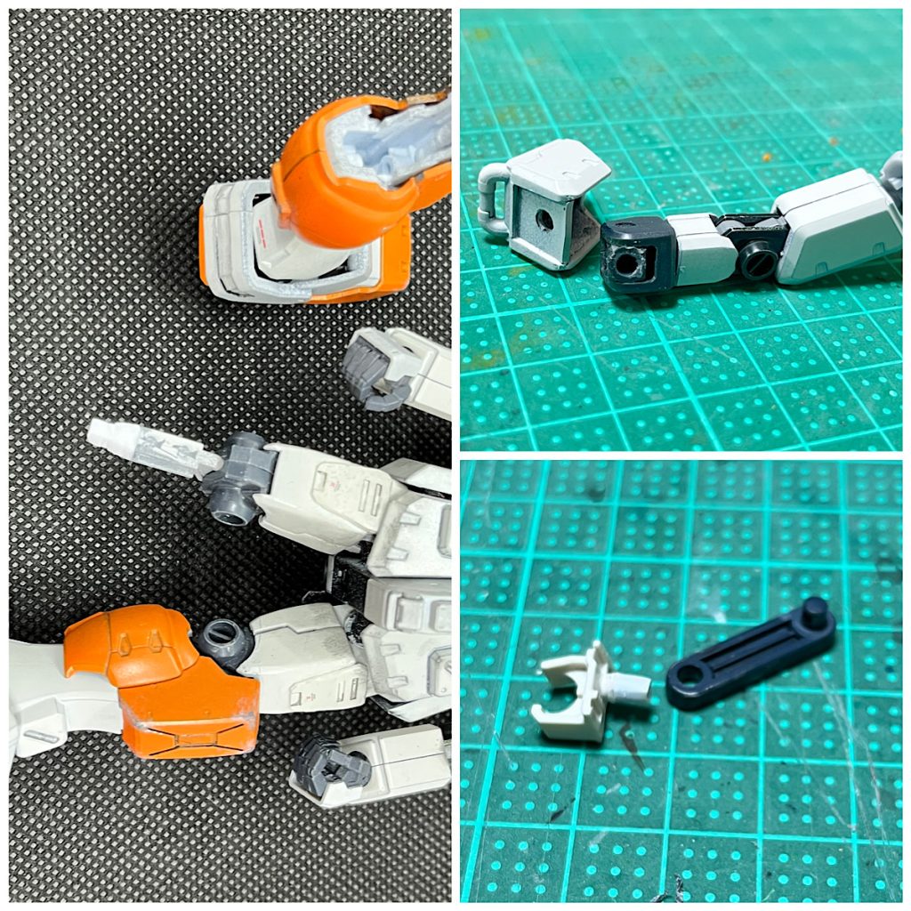 改修ポイントで写真が残っているもの左:膝の部分でプラ版挟んで延長してます右上:肩を差し込み形式に変更。結果、上に2mmくらい位置を上げてます右下:バズーカラックです。境界戦機ウェポンセットから流用したアームにHGガンダム(だったかな?)から拝借したラックをプラ棒で合体