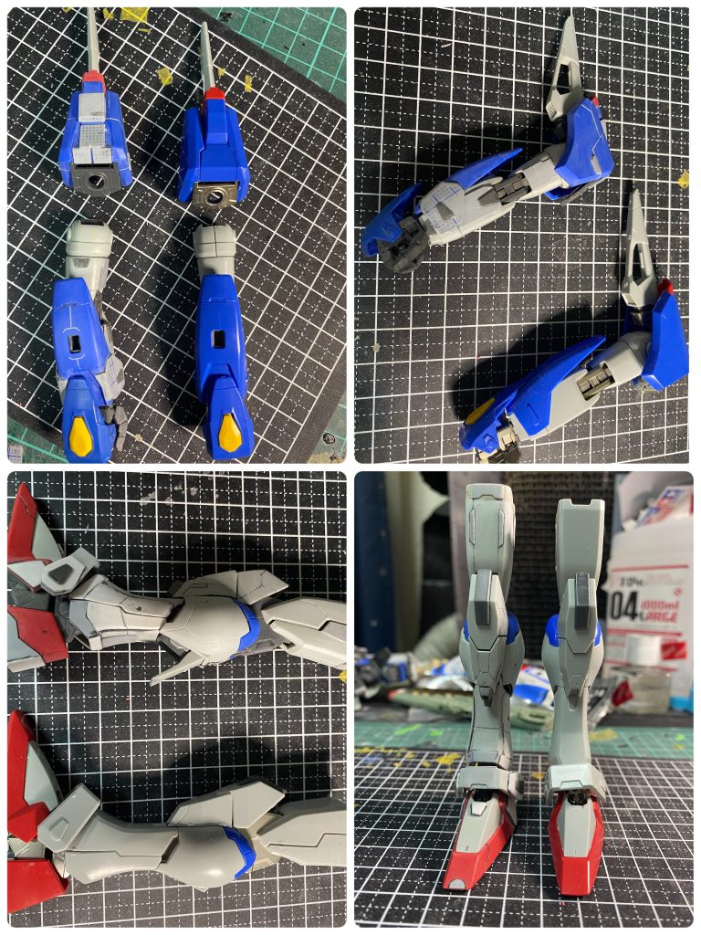 脚部1最も苦労箇所。ももと股関節に付くパーツ内にプラ板を挟んで5mm程延長。太ももの装甲も延長。ふくらはぎの外装パーツを延長して太くし、すねをボリュームアップ。脚部2足首のカバーを肉厚を落として修正。市販パーツやプラ板貼り