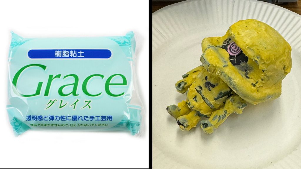 今回も樹脂粘土に水を含ませてネチョネチョになったところをザクプラくんになすりつけて衣を付けております。ちょっと伸ばし気味にしてスーパーのお惣菜の天ぷらみたいな衣になっています。 量産機にちなんでスーパーのお惣菜的な…?