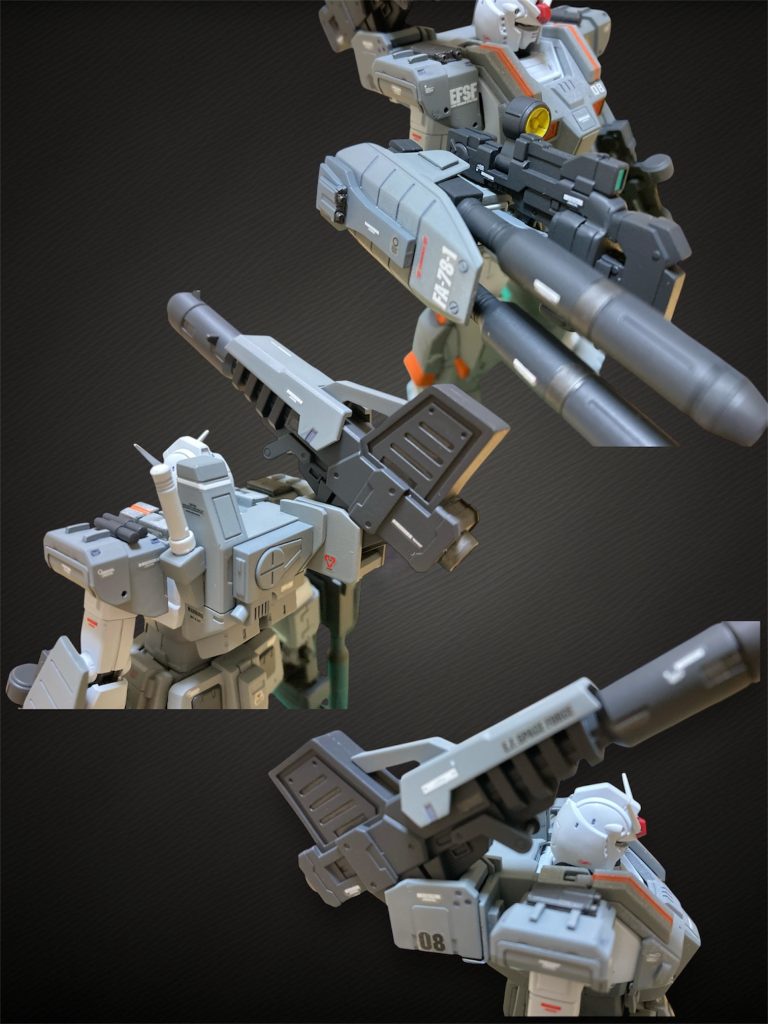 また各所にプラ板や余剰パーツを使って情報量を多くしてみました。胸部アーマー側面もパーツを取付けています。左右の肩には小型ミサイルと飾り。ビームサーベルラックもラックごとアーマー左外側へ追加しました。