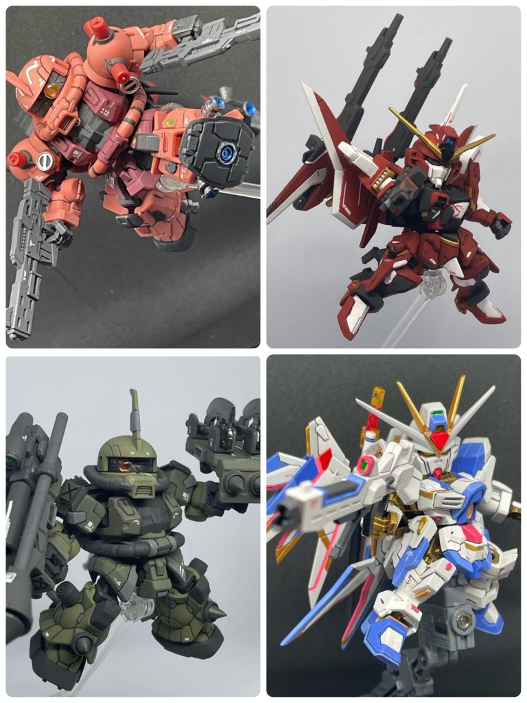 今年後半のモビリティジョイント達です。足裏を頑張ったシャアザク。腕武装盛り盛りのザク。ウイングひっくり返したイモジャ。ウイングを増やしたマイティストフリ。とにかく何かイジりたい症候群が製作の動力源なんですよね^_^