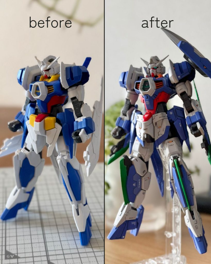 ブレードが真っ白で苦労しました。AGE-1のシールド、見た目が大好きなので肩に磁石で。ダリルバルデっぽくて良い！