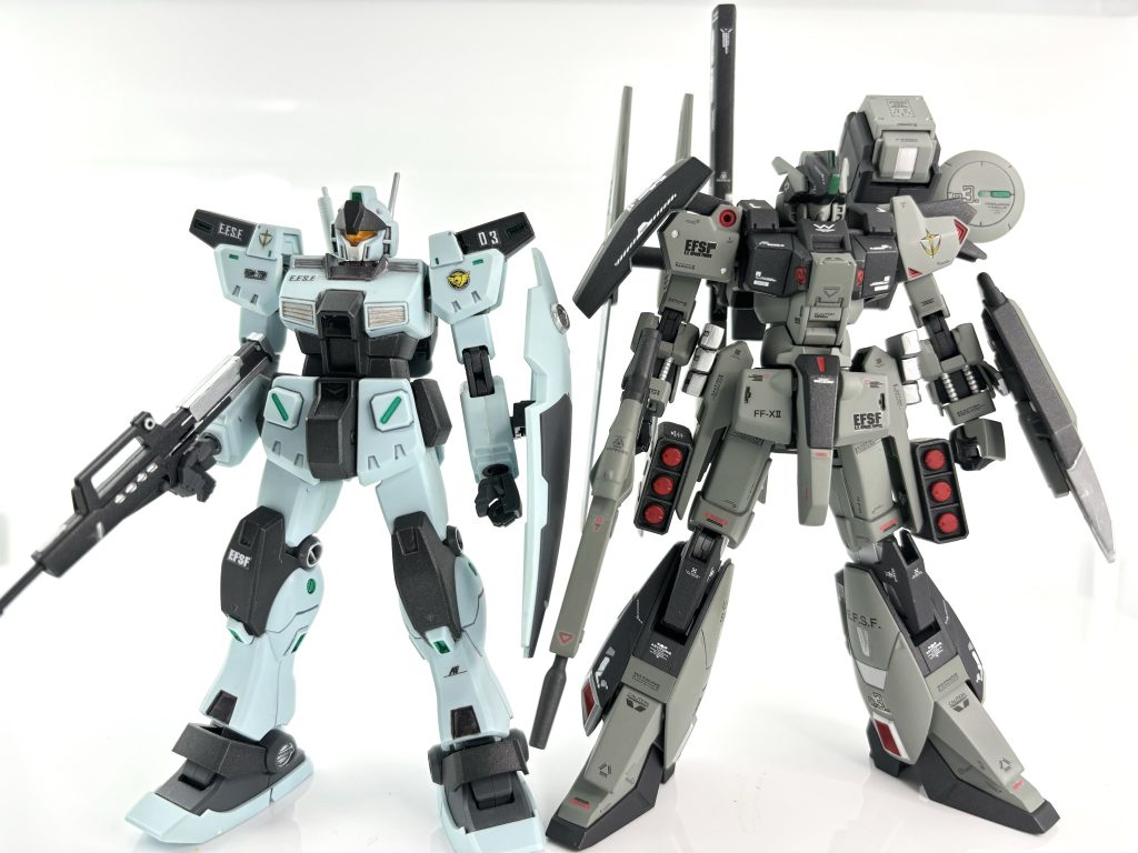 全高比較用にジムカスタムくんと。 いかがでしたでしょうか？自分としてはかなり珍しい宇宙世紀系の量産機モビルスーツとなりました。つや消し、ライン彫り直し、合わせ目消して、関節移植等、普段やらない事の練習もかねての作品になりました。次からは制作過程を何枚か…