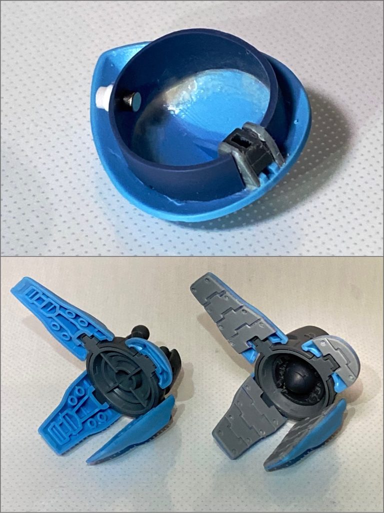 頭部は切り離して開閉機構とモノアイレールを追加。モノアイはネオジム磁石で挟んでいるので可動します。パイロットからさぞ不評であろう視界の狭さを解消してみました。足裏はおしゃれなスクリューを埋め込み、肉抜きに蓋をしています。