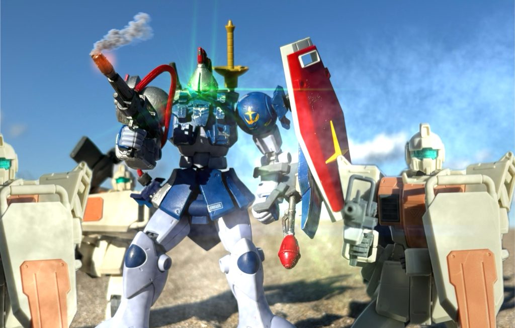 ジオンに先んじて実用化に成功したビーム兵器、輝くツインアイ……これではまるで噂に聞く…「白い悪魔……!?」敵味方識別装置に反応アリ、「YMS-15」と表示されてはいるが連邦の量産MSと行動を共にするその姿は明らかに敵であった。二射、三射と続くビーム射撃。その間に連邦の量産MS達がのろのろと散開していく。ホバー機動で左右に動きビームを躱すが一般パイロットであった彼では慣れないビーム攻撃に対しては回避に専念する事しか出来なかった。赤熱化するライフルの銃口。故郷で見た旧世紀の記録映像の中で、塹壕に設置された歩兵用機関銃が連続射撃で酷使し赤く光った銃身を交換しているのを思い出した彼はそれと同じ様に敵の砲身にも耐久度的な限界か、或いは弾切れが近い事を予感する。