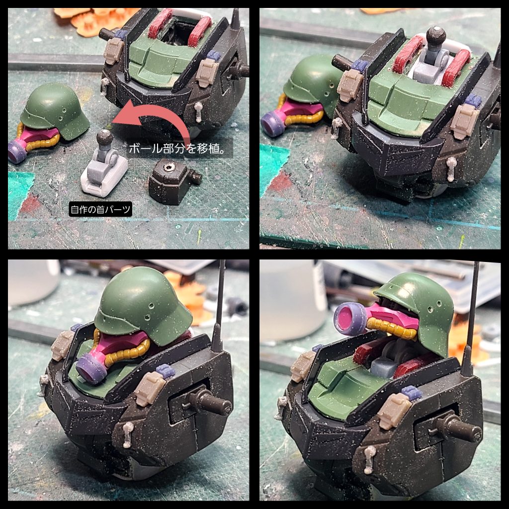 首パーツは、後から差し込めるように別パーツを新造。スポスポ抜けないようにクリアランスはキツめですが、可動域もそこそこあり、いい感じです。※マスク部分が赤いのは、当初ツインアイにしてみようとしていたのですが、挫折し、ボツになったので、アンジェロ機から拝借したためです😅