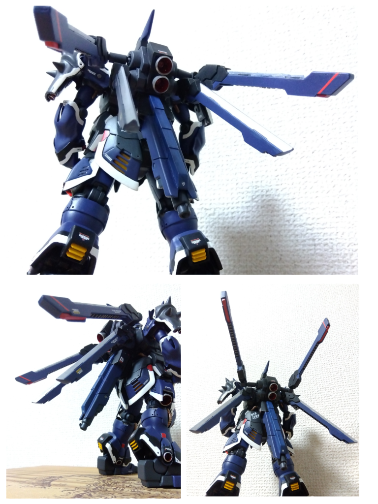 高速推進用バックパックユニット及び主砲ユニット”ジルバ・リベーレ(SILBER-LIBELLE)”通称”ギンヤンマ”※略称SL軽戦闘又は高速移動時用バックパックユニット縦2連のバーニアに左右2基ずつ計4基のウイングスタビライザーとテールスタビライザーにより、かなりの加速力を誇る。可動式のウイングスタビライザーにより、立体機動戦闘も行えるメイン戦闘用のバックパックは上記ABとなるが、出撃時は基本的にこちらを装備