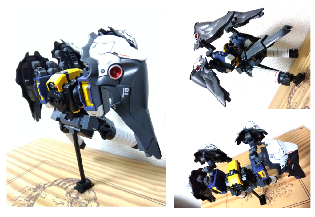 多用途攻撃機動支援バックパックユニット”アルバ・ビーネ(ALBE-BIENE)” 通称”クマバチ”※略称AB本機体のメインバックパックユニット。クシャトリヤのバインダーを小型改良した装備独立戦闘補助システムとして「P.U.L.SYSTEM」が搭載されており、分離戦闘も可能