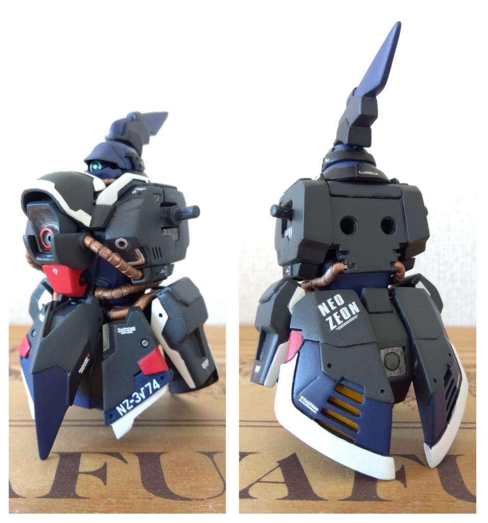 各部解説頭ギラズールの頭部にギラドーガのヘルメットとクシャトリヤの角をミキシングして作成。ヘルメットはまさかのシンデレラフィット😆角はスリットを彫り差し込みモノアイはビルダーズパーツのサイトレンズを使用胴体ギラズールをベースにクシャトリヤのパーツをミキシング。幅2ミリ、前に3ミリ、胴体横を左右1ミリずつ幅増しして逞しい印象に胸部にジャンクパーツを使いメガ粒子砲を作成。動力パイプはグフのヒートロッドを加工腰ギラズールとクシャトリヤの腰部を組み合わせてベースを作成。フロントとサイドはスクラッチ。リアスカートはクシャトリヤのものを真っ二つに裏側にディテールを追加。くり抜いた穴から見える黄色の部分は裏側に0,5ミリの隙間を作り差し込み出来るようにしてあるので、色を変えることも出来ます