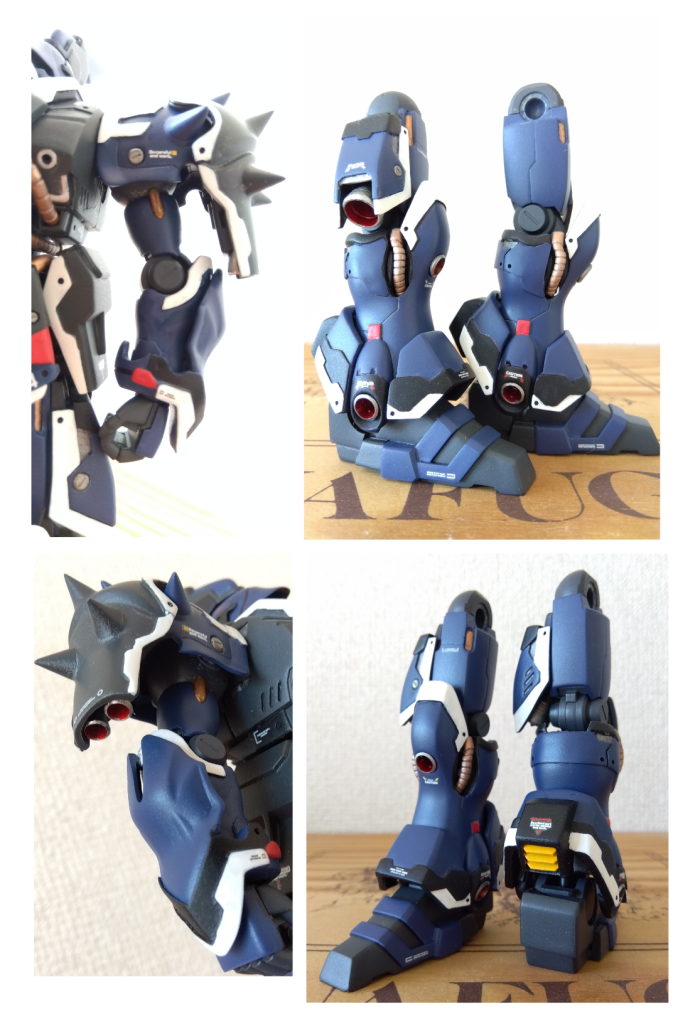 肩外側の肩アーマー下部を延長。裏側に小型のバーニアを2基取り付け。内側の肩アーマーへの接続角度を変更腕クシャトリヤの腕部をくり抜いて小手を作成脚腿はそのまま。サイドのカバーにディテールを追加膝下は2ミリ幅増し。膝頭と裾両側の部位をくり抜きバーニアを埋め込み。裾後ろは一度切り離しスラスター部をスクラッチして装着靴クシャトリヤのものをベースにセミスクラッチ