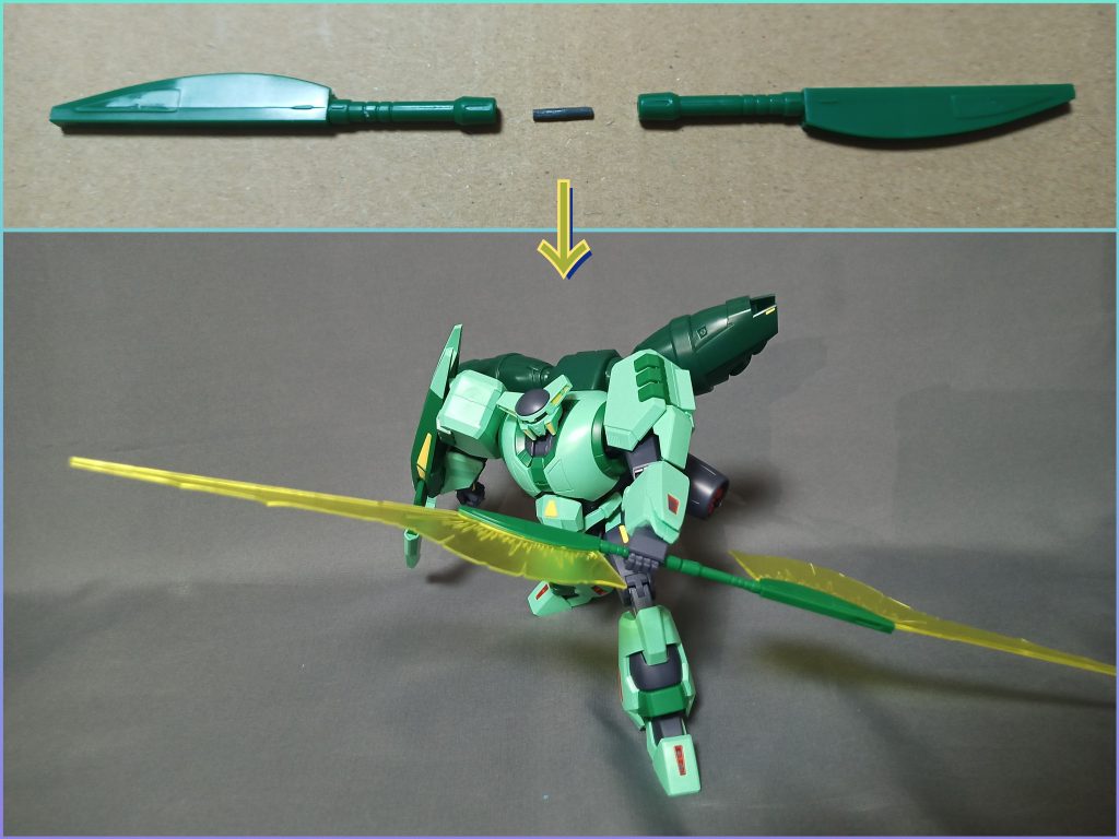 ポリキャップのランナーを削って接続パーツ作ってビームアックス連結してみました^^;ビーム部分はHGUCシナンジュのキットの物が付属してるので連結するだけでキットデフォルトでこんなアレンジもできます(^^)長物絶対信者の貴兄もこれにはニッコリ(？)