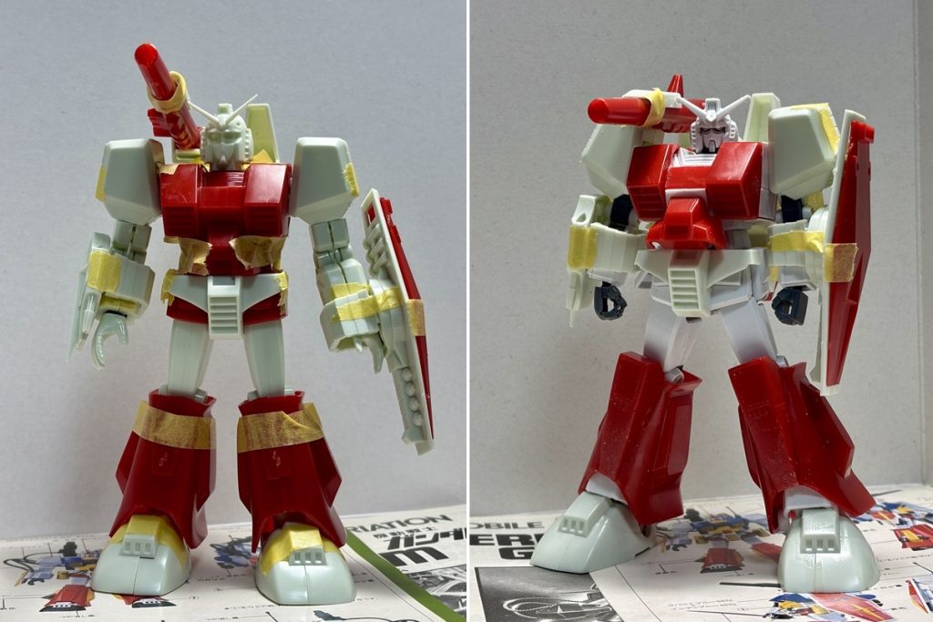 いったん借り組み。旧キットらしいフォルム（左）。。。やっぱりスタイリッシュなフォルムに仕上げたいし、ということで、EGガンダムにパーツ装着することに。で、旧キットをバラバラに切り離してからEGガンダムに仮付け（右）。EGガンダムはパチ組みして放置してたペインティングモデル（ホワイトボディ）を使用。 
