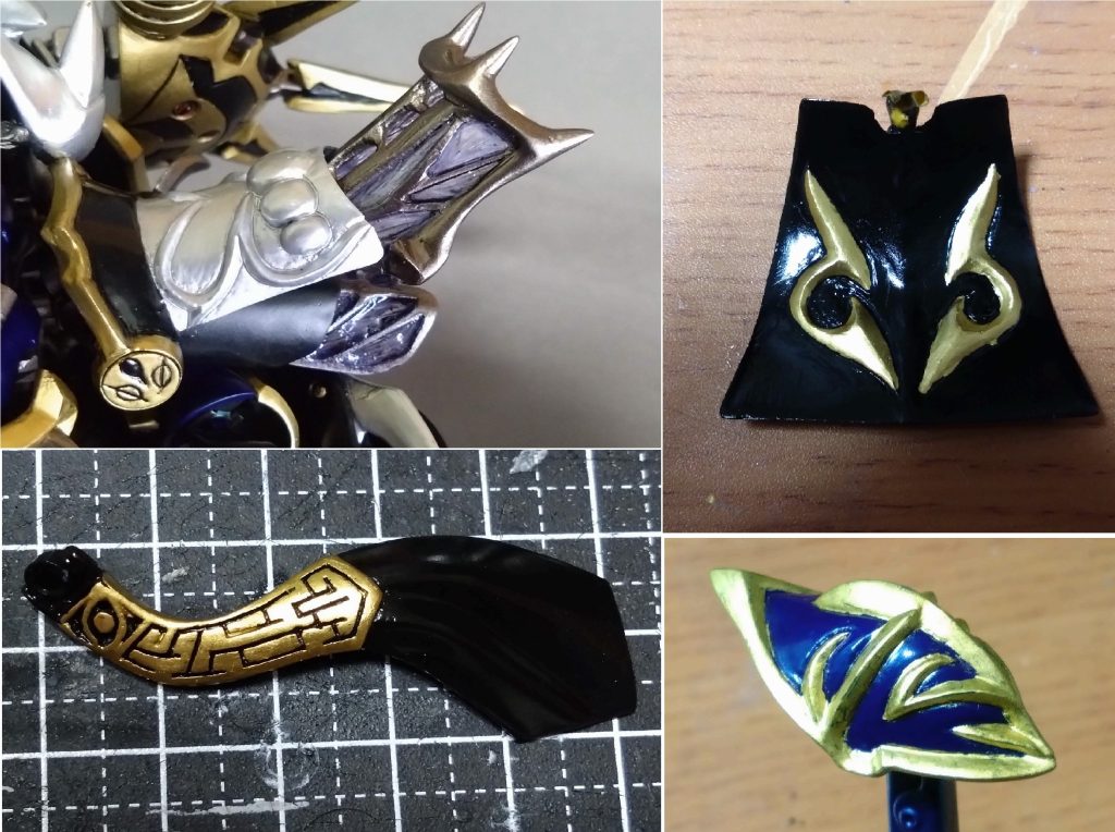 バグの羽根は元キットの説明書を読んだ時からこの形は決めていて、あとはどう作るかだったのですがこれがとても難産でした。プラ材とパテで骨格作ってUVレジンで膜を充填してます。エネルギーの膜的な。メイズバーンは悟空インパルスのパーツから。正直このパーツには大変救われました。後ろ垂れとともにプラ板から可動でフルスクラッチしようか考えていたところでした。後ろ垂れ。コレも悟空インパルスのパーツです。コレが有ったので悟空インパルスをミキシングすることを決めました。見えないですがエングレービング頑張ってます。見えないですが…！！頭のエングレービングの塗分けが最後まで苦戦しました。なので完成間近なのになかなかご尊顔を拝謁できなかった…筆塗のスキルが少し上がった気がします。