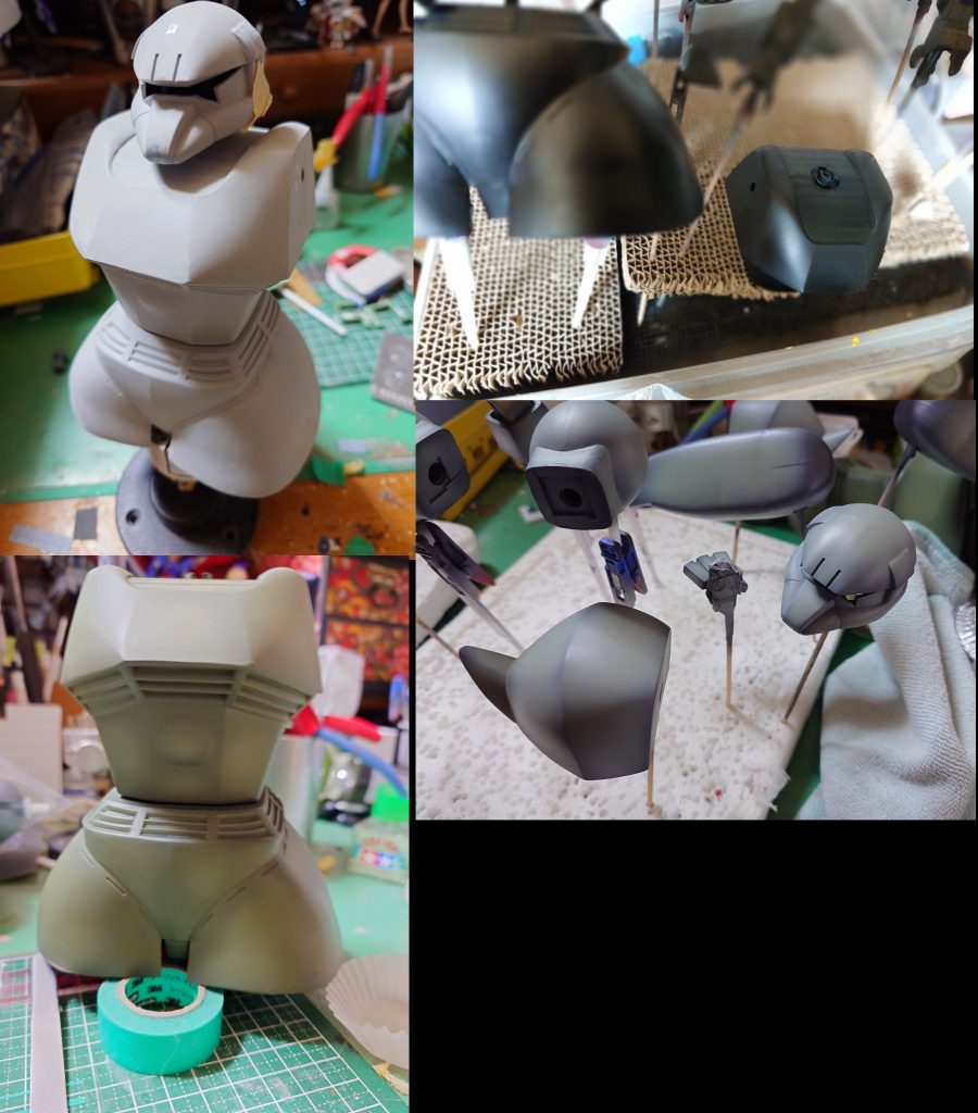 塗装はグレーサフから黒サフを吹いた後に黒立ち上げでグラデーション塗装を行いました使った塗料はこちらサフ:G グレーサフ G ブラックサフグレー: C 軍艦色1グリーン:C ロシアングリーン(ハイライト部分は+ホワイトを混ぜたもの)黒(膝&足&ビームライフル):C ジャーマングレー(ハイライト部分はホワイトを混ぜたもの)関節&手:G メカサフ+黒サフモノアイ:G ブリリアントピンク(ハイライト部分は+ホワイトを混ぜたもの)