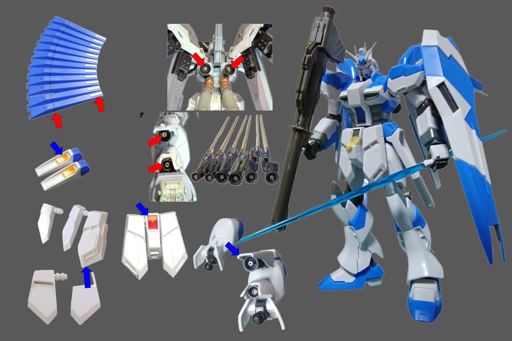 ファンネルは、スジボリとプラ板を各1X12で心が折れました😓。バーニアは、ICソケットのピンを初使用。今回は、ケチケチ星人の私としては、初めてのジャンクではないキットからのミキシングをしました。と言ってもEG νガンダムですけど。サイドアーマーの黄色の部品、フロンとリアアーマー(延長用)、ヘソのV部品、脹脛のバーニアが横取り部品です。