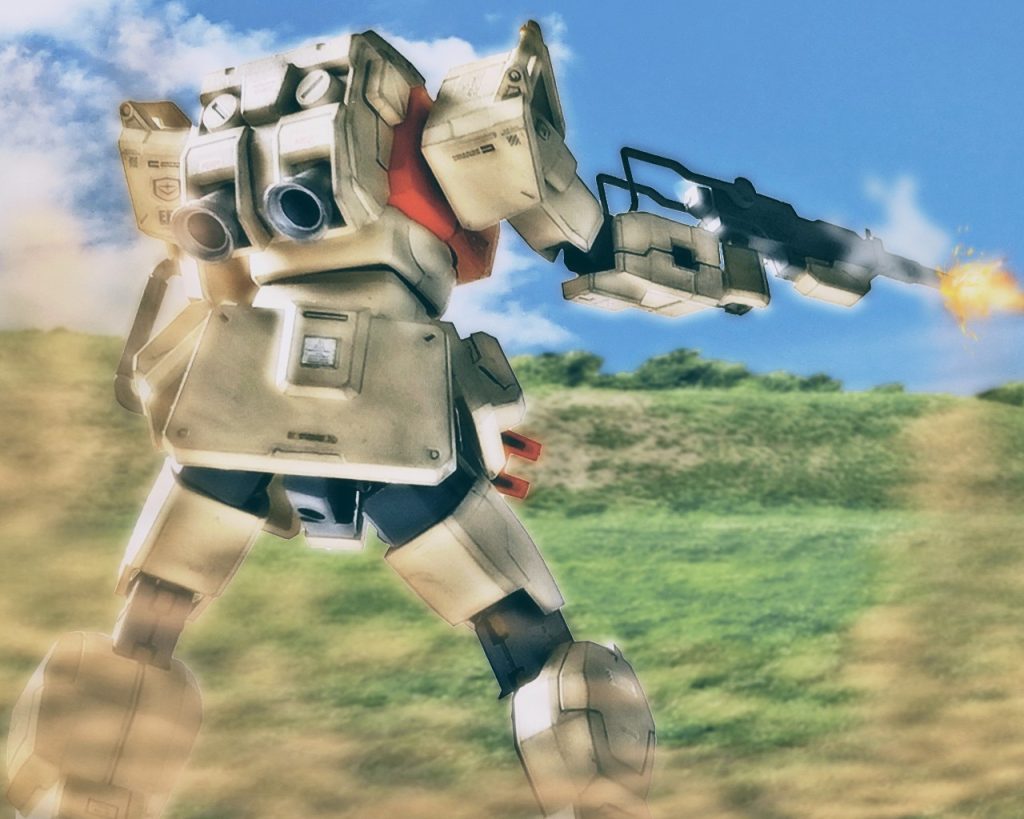 「こちら基地守備隊第2小隊!航空機から降りた敵MS隊と交戦開始!増援求む!!」オーガスタ基地周囲をパトロールしていた陸戦型ジムの小隊が、無防備になる着地を狙い舞い上がる砂煙に向け射撃をする。深い砂煙により姿が見えないが目測でとにかく先手を打とうとする。「こういうときはサーモ(熱源探知)だろうに…」ラカンは射撃が定まっていない事から敵が焦っていると判断し、煙を利用し回避した。