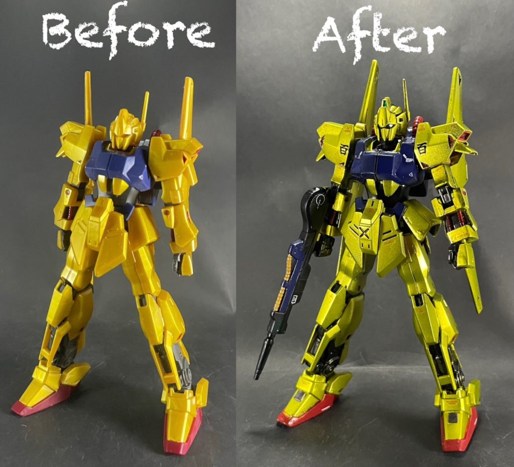 素組みとのビフォーアフター！成形色のゴールドを塗装するだけで、印象がかなり変わったと思います^_^