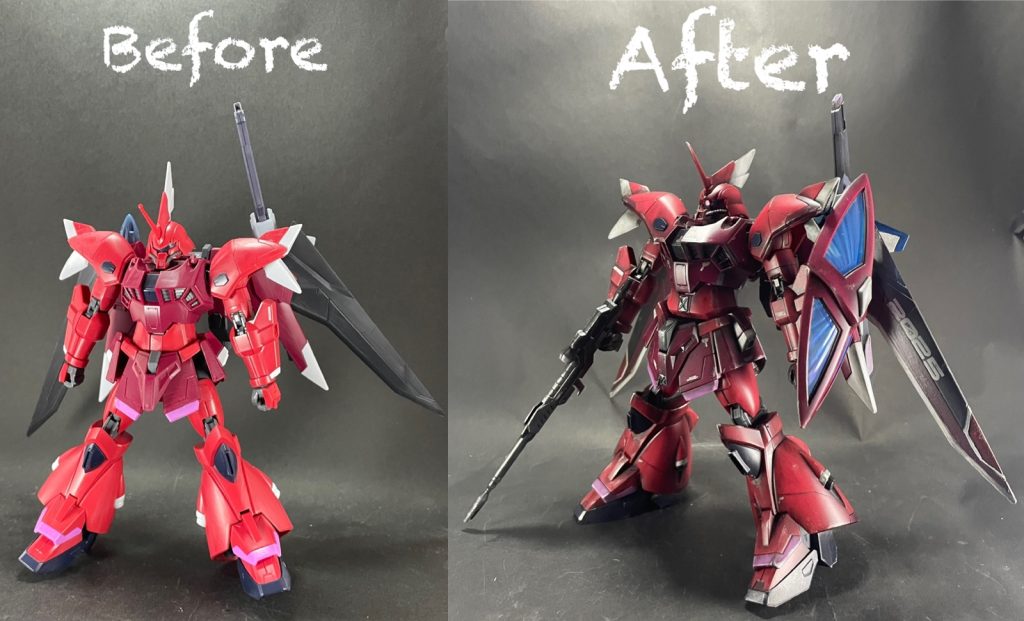 素組みとのビフォーアフター!リアルタッチマーカーを全体的に塗るだせでも重厚感が出たと思います!