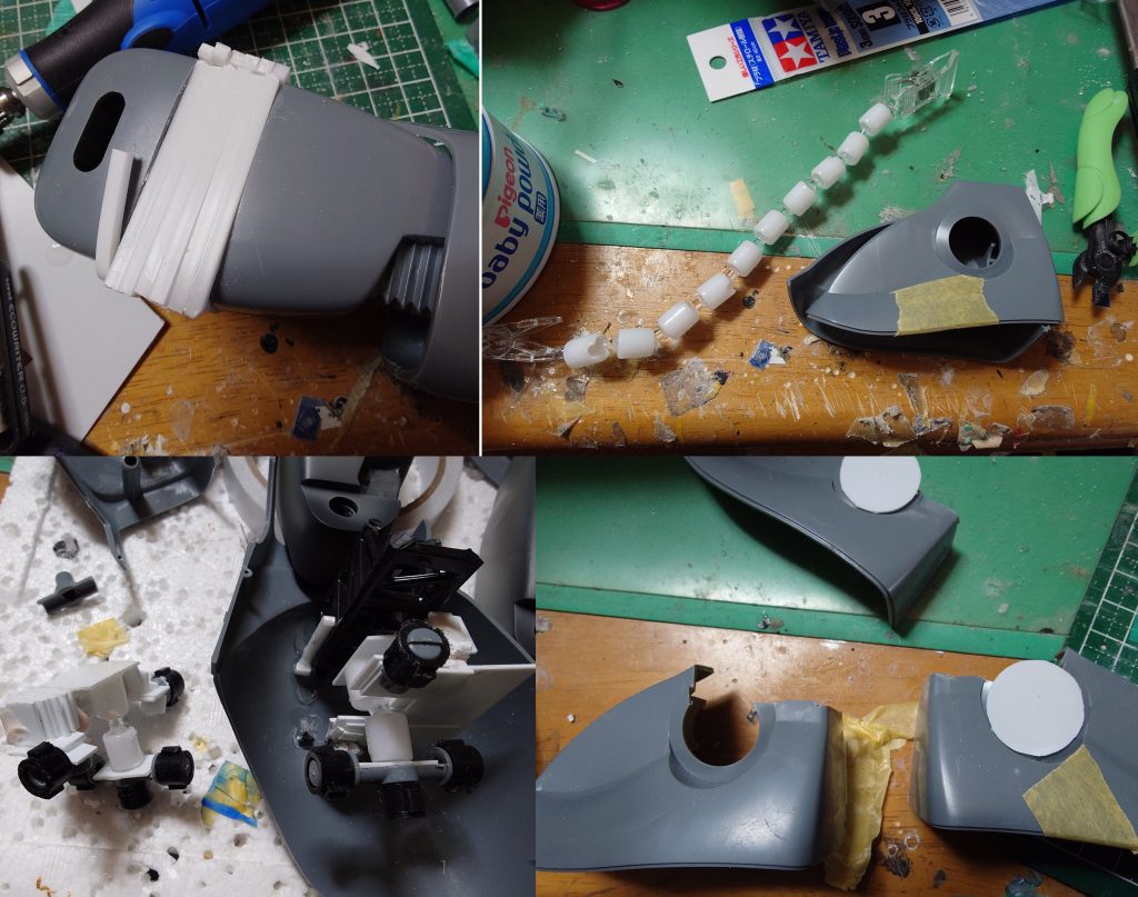 太腿:18mm延長しました足首:背骨君を2ブロック分切り取り元の接続用部分を改造するように使用しています(これもあまり頭のいいやり方ではありませんでした)足首2:元の接続するための丸い穴が丸見えなのでプラ板丸く切り出し蓋を作りました