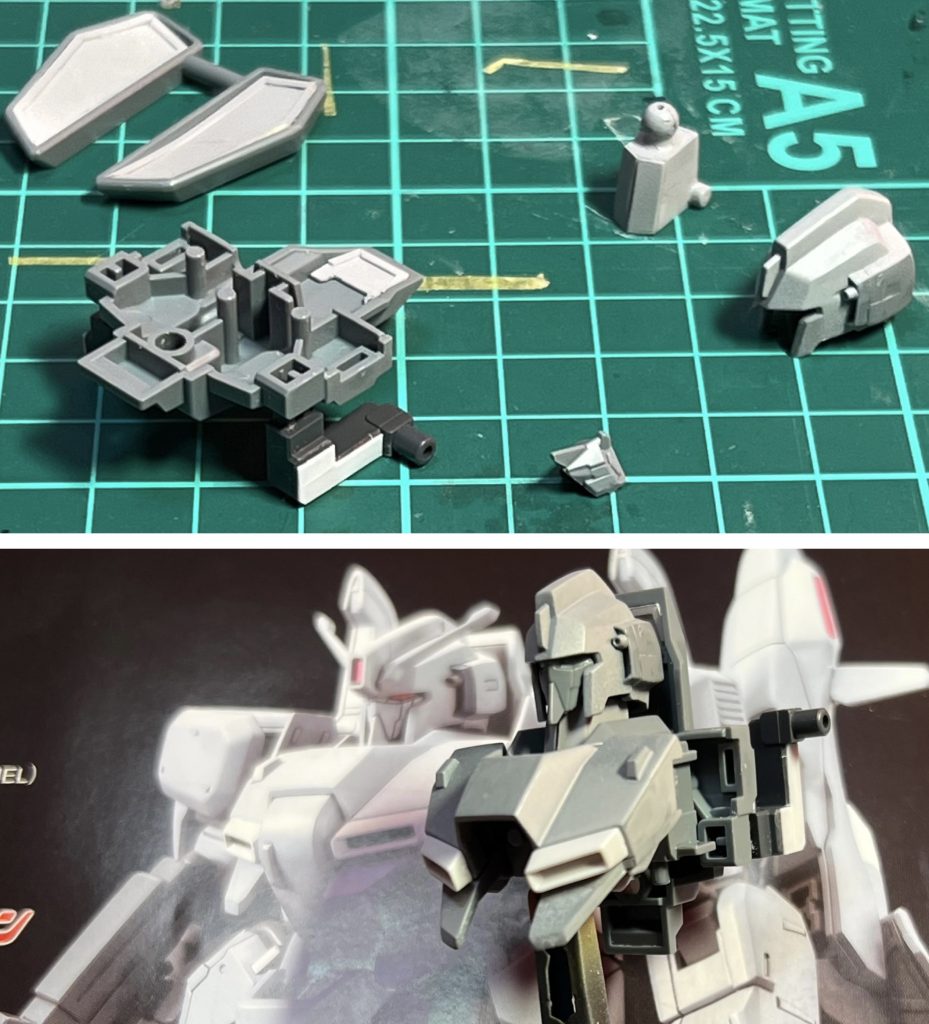 改造箇所です。このキットは素組のままだと首が短いのがネックだったので（首だけに😅）、首の延長にメットの頬下とアゴパーツを削ってスッキリさせました。