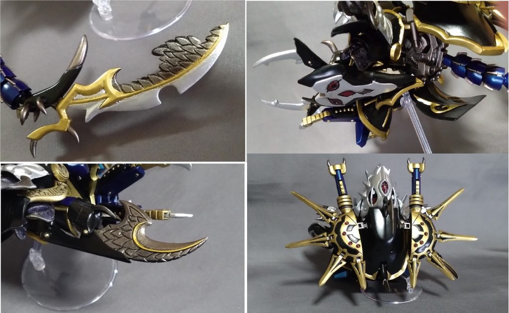 各部詳細など黒星剣はプラ板からのスクラッチです。元キットの背の模様をワニ皮と解釈→鱗に変更。モンスターモードの尻尾としてつながりもいいかな、と。グバンガン(右腕武装)もプラ板でのフルスクラッチです。元キットの形状から刺突系と解釈し、大幅にリデザインしました。なお、モンスターみを増したかったので、ナイチンゲールのプロペラントタンクを加工して手のカバーパーツを作成。結局差し替え(手パーツ取り外し)になりましたが…。ガンドリオ(左腕武装)はナイチンゲールの盾の形状を見てすぐにギミックが決まりましたので爪だけスクラッチしました。盾の面のデザインだけなかなか決まらず…最終的にモンスターモードの頭蓋がもう一つ生まれてきそうな意匠にしました。黒星砲はHGレジェンドのドラグーンの加工と砲身はプラパイプからのスクラッチです。黒と金だけ(砲身の青あるけど)だと…アクセントが欲しいと思い、目状のパーツを埋め込みました。もっとデカくてもよかったですね。バランス難しい。ちなみに、BB弾撃てます(笑)いにしえのBB戦士の復活です(笑)