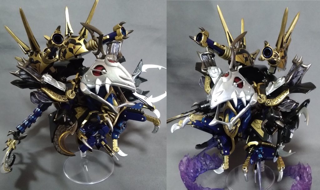 モンスターモードです。闇皇帝のキモですね。頭蓋はフルスクラッチです。当初考えていたナイチンゲールのバインダーはデカすぎてボツにしました(笑)差し替え変形になってしまったのが心残りですが、鳥に寄せた足やバグの羽根等、当初考えていたギミックはおおむね盛り込めたので満足です。あと尻尾にナイチンゲールのファンネルを使ったのは自分的ファインプレー。二枚目は過去に発売されたエフェクトガチャを添えて。