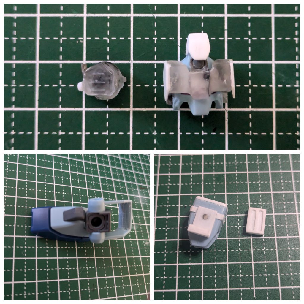 設定画を参考に頭部の製作をレジンでパーツの複製とプラ板を接着。太腿はマガジンが取り外しができるようにネオジオ磁石を埋込みました。