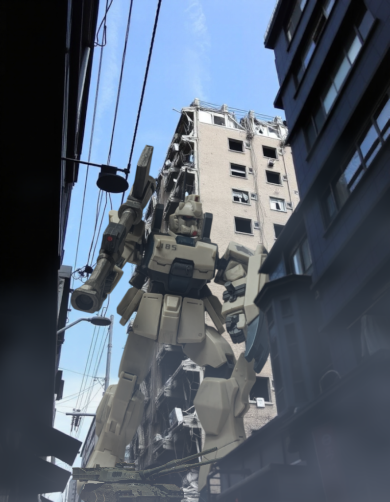 こちらも地上からの視点で見たEz8です。Ez8には陸戦型ジムのロケットランチャーを持たせて足下の61式と共にビルの影から出て敵前線突破を試みています。