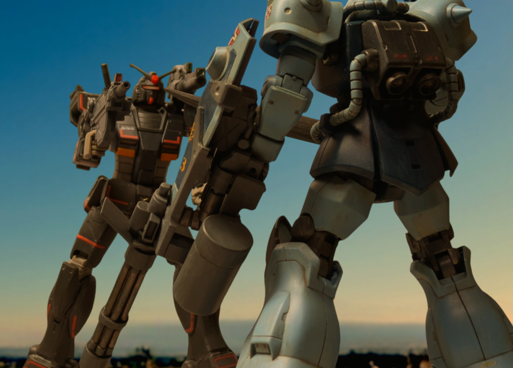 北米でのグフカスタムの降伏の様子を描いてみました。正式なジオン公国軍の刀礼は分からないので08小隊劇中のノリスのポーズを刀礼としてます。