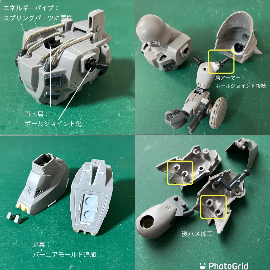 エネルギーパイプのスプリングパーツ化は今回が初のトライ。いつかやってみたいと思っていたあこがれディテールアップ♪今後もジオン系を作るときにお世話になりそうです。また、今回ボールジョイントを仕込む際に非常に助かったのが、「瞬間接着パテ」これの存在が今後の幅を広げてくれました。じゃんじゃん使おうっと!