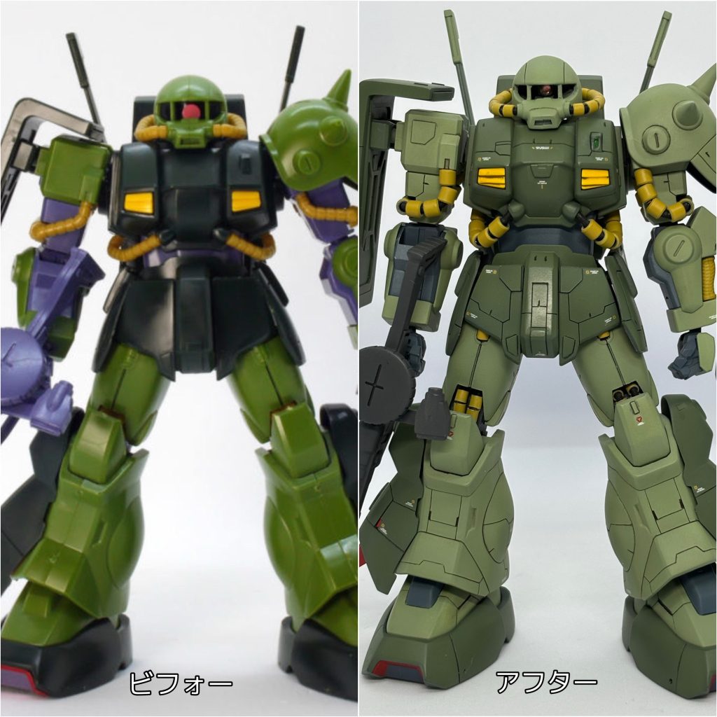 まずは素組みとのプロポーション比較。頭部幅詰めによる小顔化、腰部2mm延長、脚首間接部で1mm延長で大分、現代風のアレンジが出来たと思います。