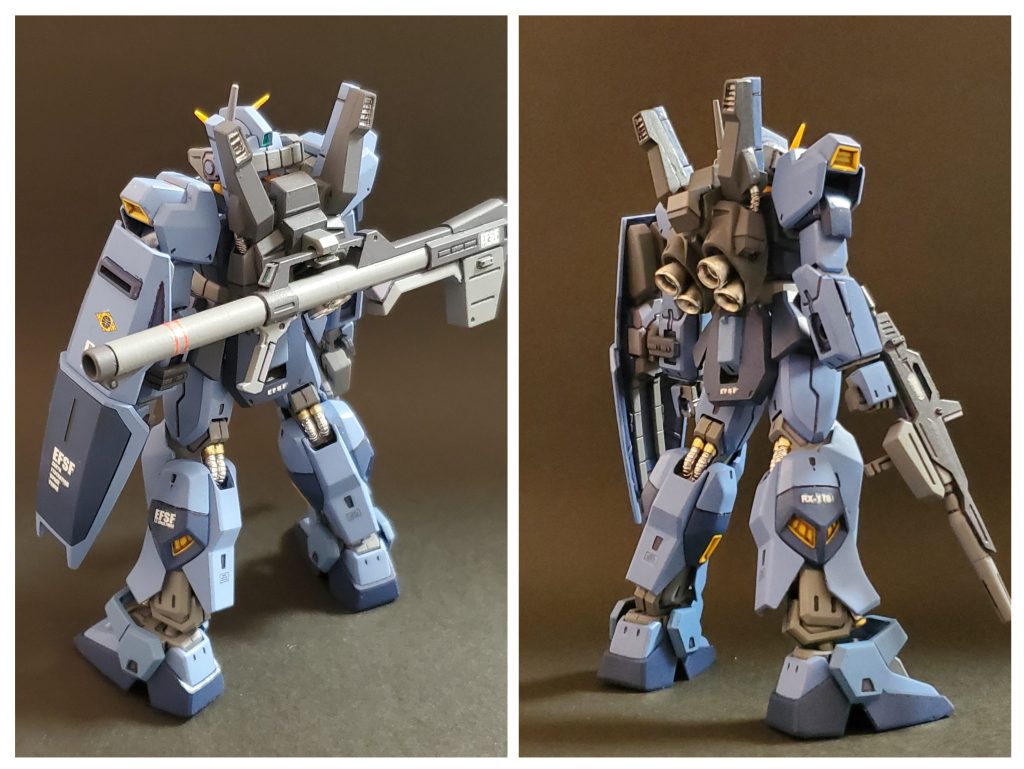 back shot~👍️✨旧HGUCも好きですが、リヴァイブ版もやはり秀逸❗可動域が素晴らしく、私の過酷なアクションシーン撮影🎦にも応えてくれました😌☘️デカール等もいつも通り最低限で貼り付けました🎵ホントはもっと貼りたいんですけど…アクションでメチャメチャ触るので取れちゃうですよね🤭💦