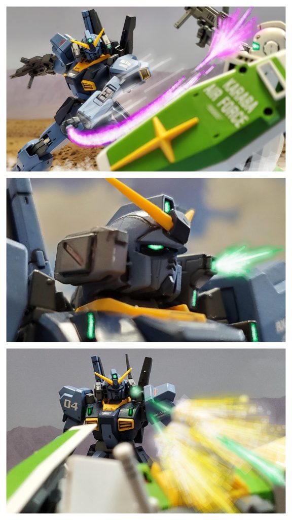 相手の懐に飛び込みビームサーベルの一撃で、まず銃火器を使用不能にする✨そしてオプション装備されたバルカンポッドを放ち、相手の頭部などのセンサー機能を破壊💥こうして戦闘力を失わせ敵の機体を撃破せず撤退させる戦い方をウラキ中尉は続けていた😔✨