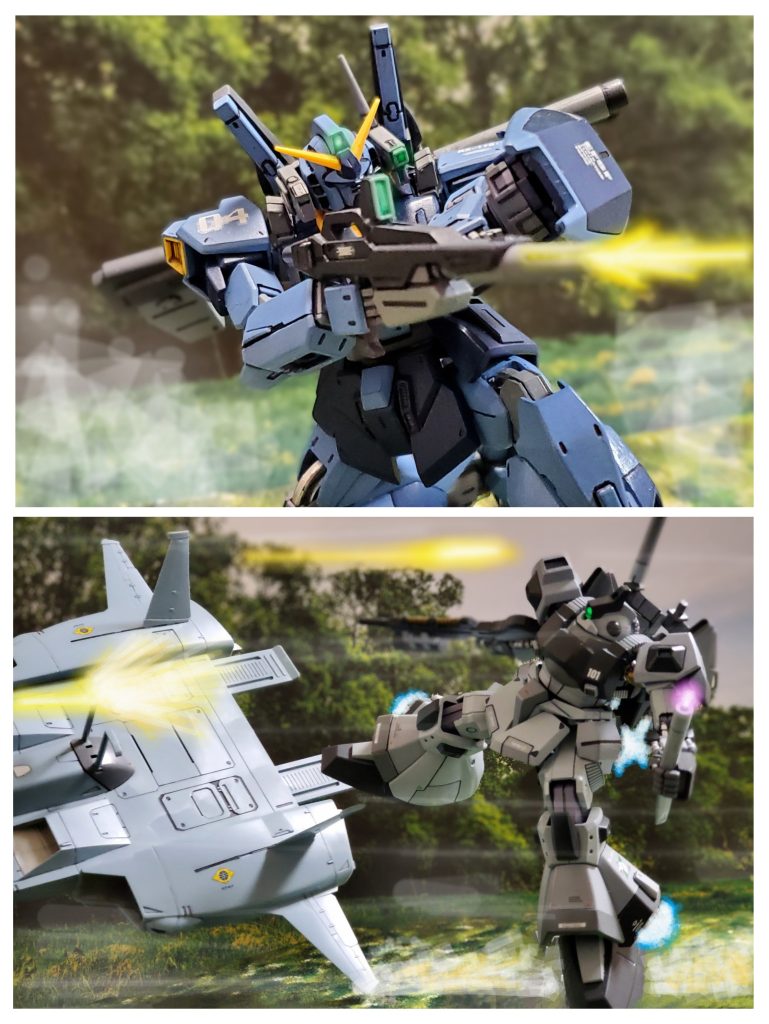 空中戦では分が悪いと判断したウラキ中尉はドダイ改を捨て地上に降りる💨そして追撃で低空飛行で降下してきたリック・ディアスをビームライフルで迎撃👊✨ドダイ改にビームライフルを命中させ相手を振り落とすガンダムMkII👍️🎶