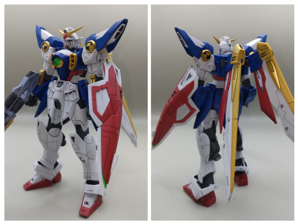 前後斜めから。 実家に残されていた放送当時に作った1/100HGウイングガンダムを回収・参考にして、初めて全身にスジボリを行いました。とはいえ最初に手を付けたのが腰部なのですがガタガタで…こうして写真で見ると荒すぎますね。 ウイングやシールド辺りは多少慣れたのか、少しは見られるようにはなってると思います。