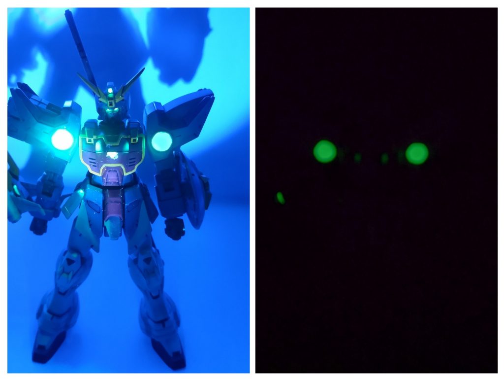 ブラックライト照射 頭部・肩部・ドラゴンの目が光ります。肩部のファイティングサイトは蓄光塗料+シルバーで塗装しているので、ライトを消しても少し光り続けます。