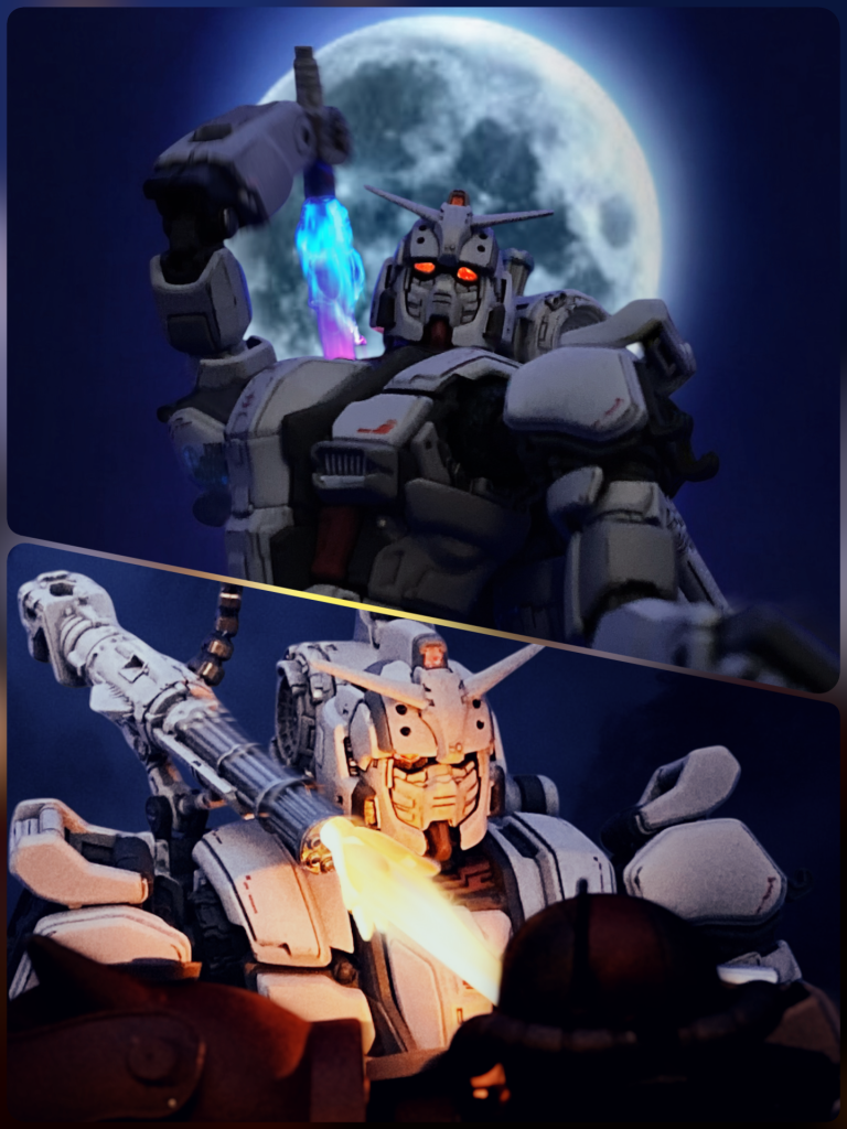 振りかざしたビームサーベルをタックルで止めるも、至近で右肩のガトリングを連射され、頭部をズタズタに破壊されてしまう。よろめくザクを襲ったビームサーベルがハッチを切り裂き、脚部を両断する。