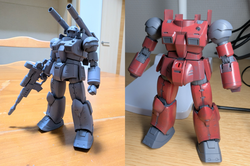 さて、制作の振り返りです①下地は基本通りメカサフヘビー。初めてラッカー系でエアブラシしましたが、匂いは想定どおりでしたけど片付けが面倒でしたね。やはり今後も水性ホビーカラーでいきます②1色目2〜3周塗ったあと。肉眼ではもっと色ムラ、筆ムラが目立ったのでこの後重ねすぎました