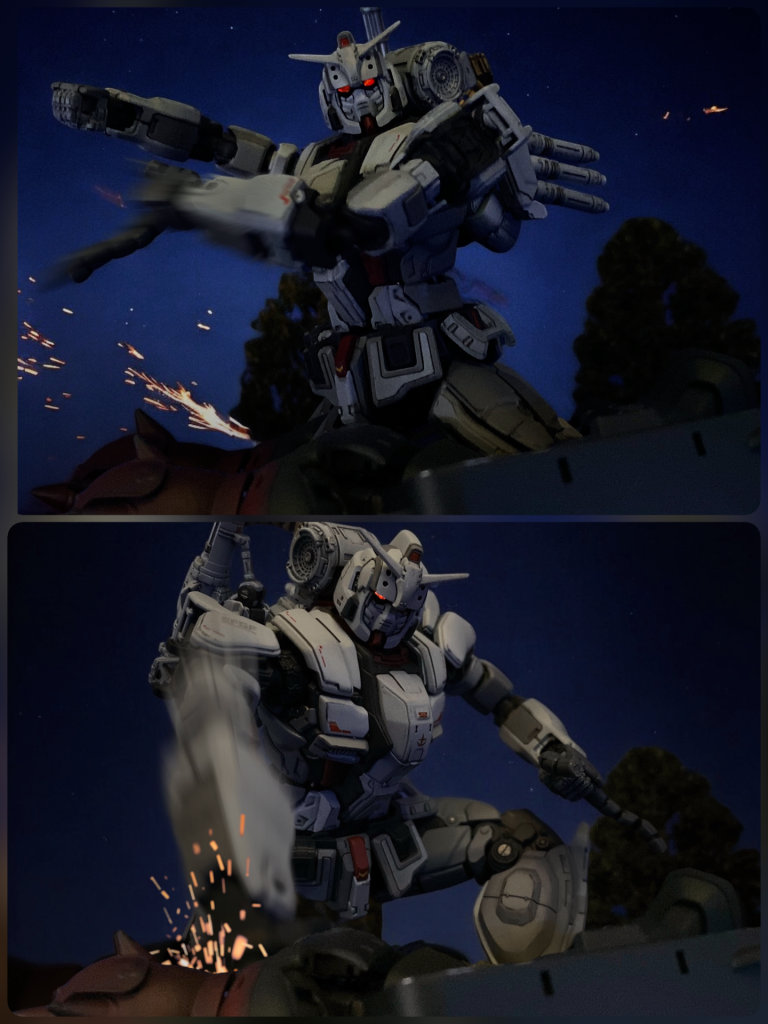 倒れたザクに跨り、頭部動力パイプをひきちる。直後に繰り出された右拳が、コクピットハッチを貫いた。