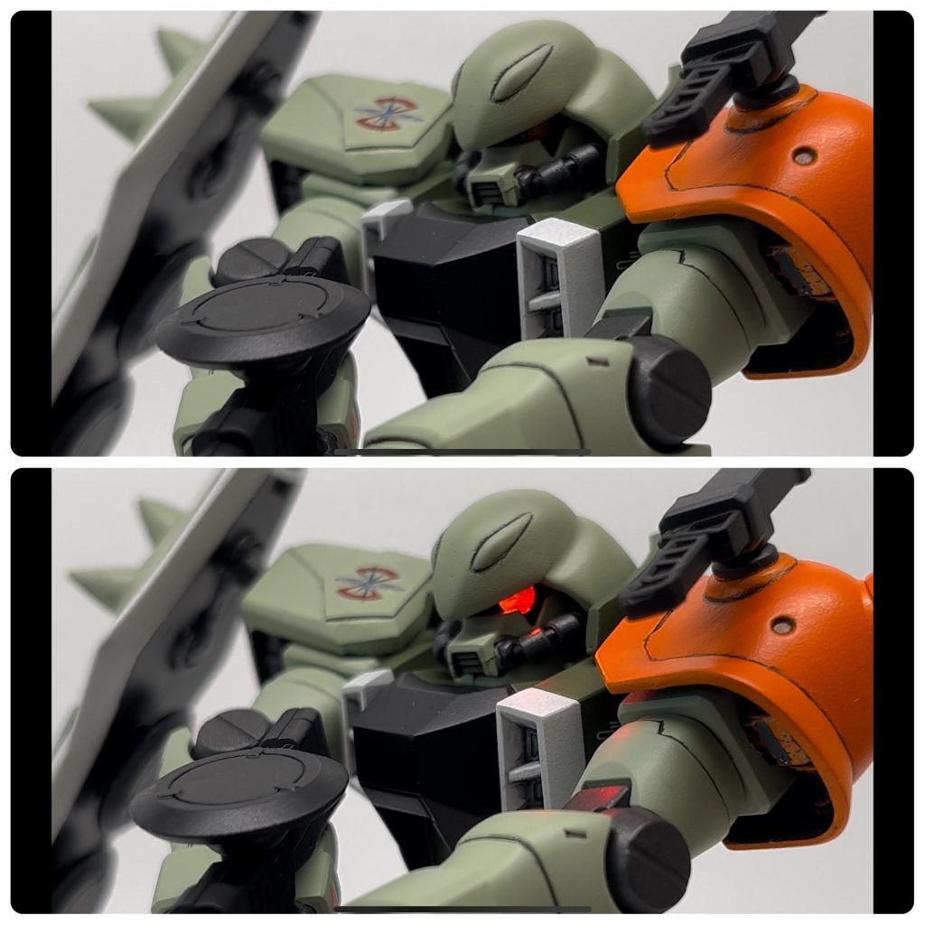 ザクのモノアイはやっぱり光らせたい!ってことでLED仕込んでみました。初めてやってみたけど上手くできてよかった。