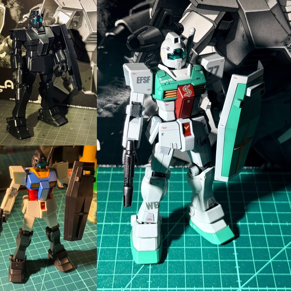 膝下はHGジムのパーツを使用。大きくてがっしりした感じが好みだったので、関節軸をプラ棒であしらってEGガンダムの大腿部と連結しました。フロントアーマー、リアアーマーはEGガンダムのパーツにプラ板を貼り付けてシンプル化。首はEGガンダムのジョイントパーツを上下とも1mmずつ、計2mm短縮でバランスがとれたと思います。