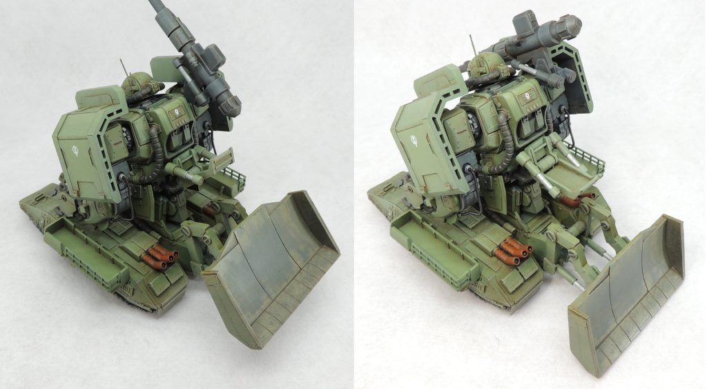 右肩のキャノン砲・背面の荷台・ブレード接続部に取り付けた各シリンダは、動きに追従して可動します。シリンダーは2mmプラ棒と3mmプラパイプの組み合わせで、1mmΦ真鍮線で接続しています。完成品をディスプレイすると触らなくなるため、固定式でもよかったのですが、せっかくなので可動式とするところに模型的な楽しさや醍醐味があると思います。