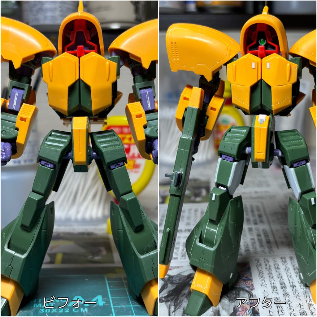 プロポーション改修比較。股間で1.6mm、太腿で2.2mm幅増し。可動域を確保するため、股間軸を延長しました。かなりガッシリした印象になったと思いますがいかがでしょうか?