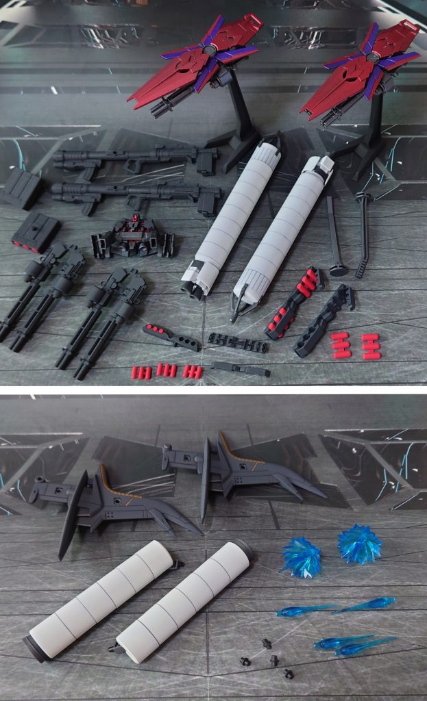 付属品一式。バックパックは専用の差し換え用を準備、フルアーマーユニコーン用のパーツを接着固定することで、アームドアーマーDE用の接続アームと両立。HGUCのグレネードラック裏側はプラ板で蓋をしています。なお、MGのグレネードラックは未使用となりました。