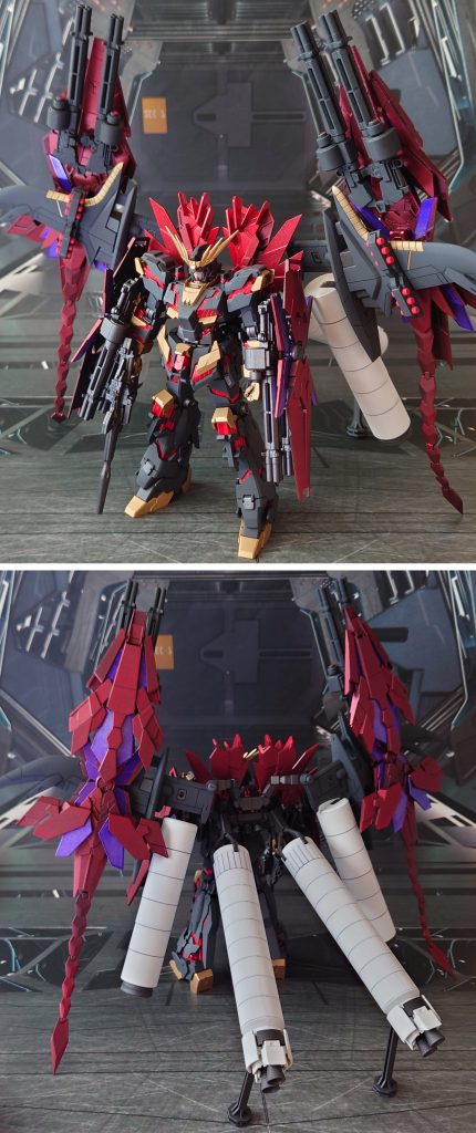 RX-0リベリオン・アーヴァの前後ろ。工作は、ゲート痕処理、エッジ尖らせ、パーティングライン・段ズレ・ヒケの対処、面出し、合わせ目消しを実施。